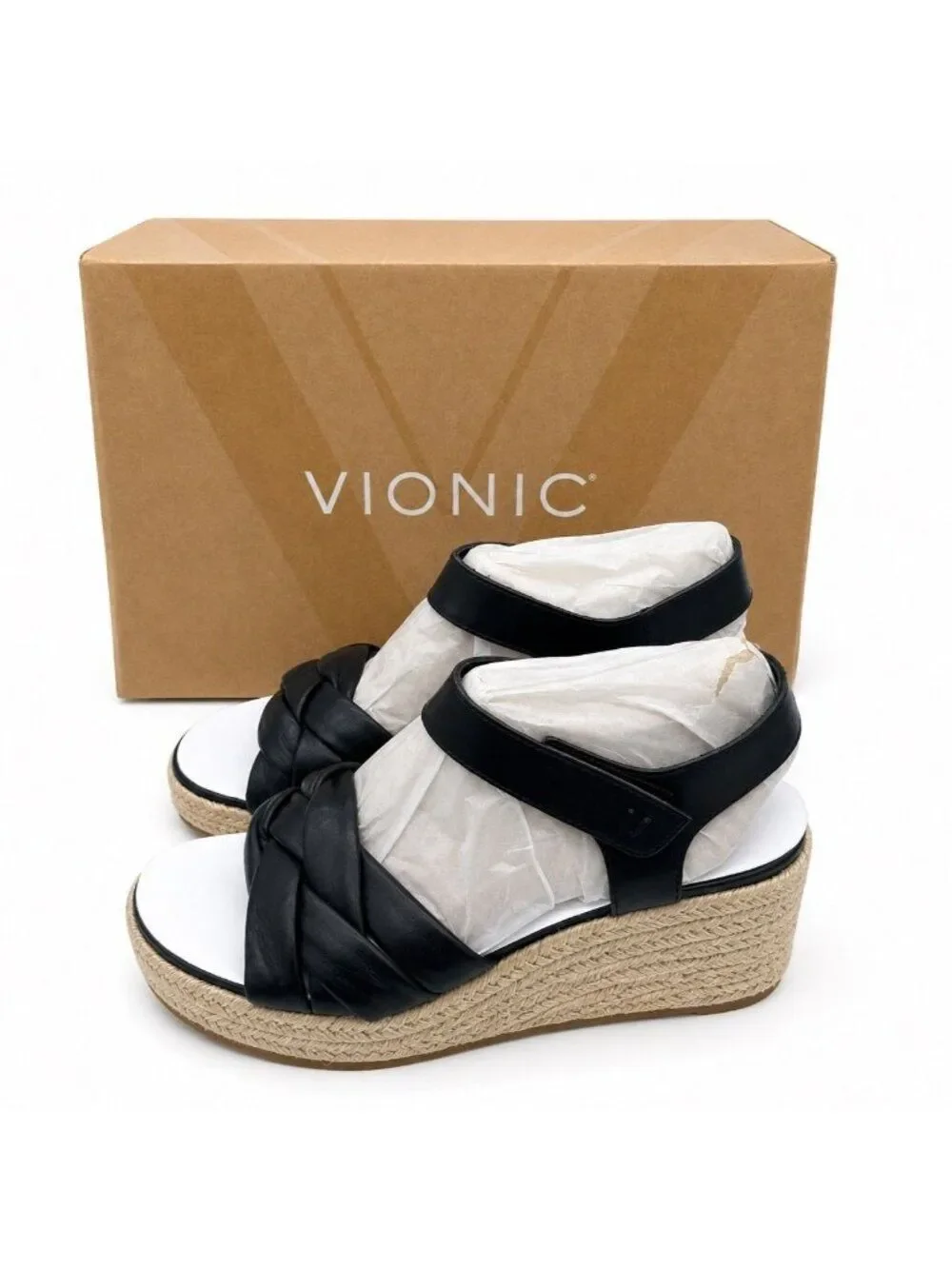 Vionic Saratoga Supportive Black Leather Espadrille Wedge Sandals Womens 6